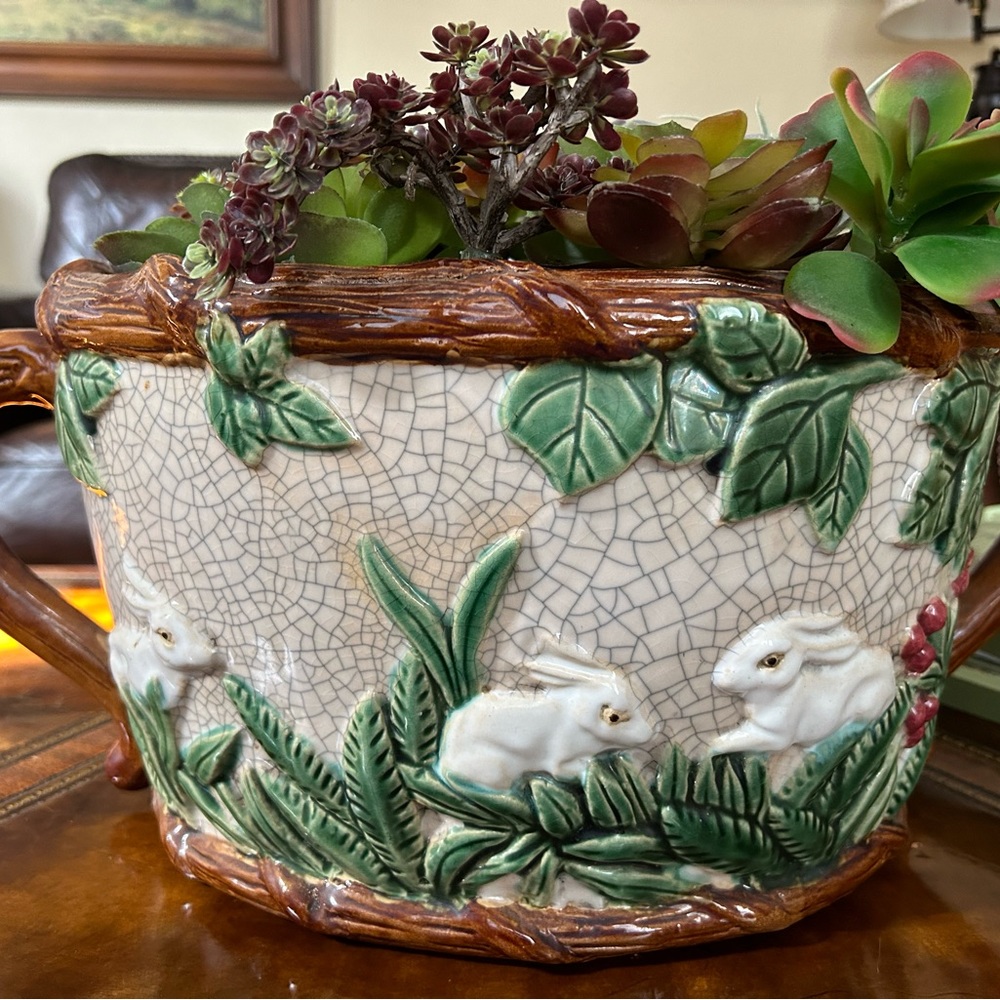 Majolica Cachepot With Rabbits & Leaf Motif
